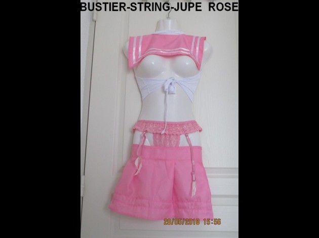 BUSTIER-STRING-JUPE ROSE