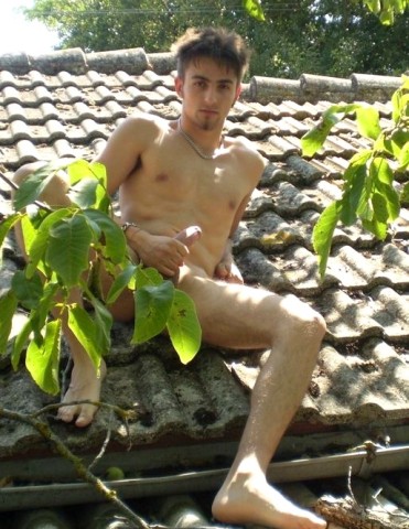 Mec à poil sur un toit