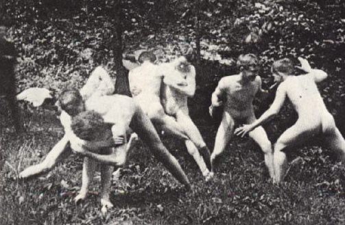 Eakin's art studens wrestling in the nude, 1883